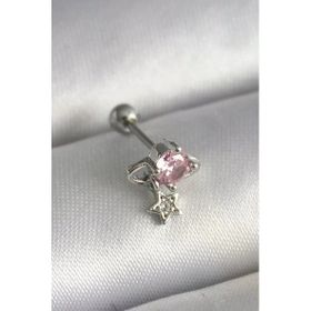 Çelik Gümüş Renk Pembe Zirkon Taşlı Sallantı Yıldız Detay Tragus Piercing