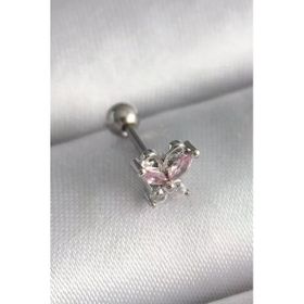 Çelik Gümüş Renk Pembe Zirkon Taşlı Tragus Piercing