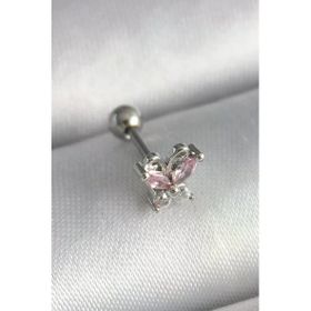 Çelik Gümüş Renk Pembe Zirkon Taşlı Tragus Piercing