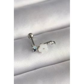 Çelik Gümüş Renk Zirkon Taş Detay Beyaz Çiçek Model Tragus Piercing