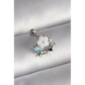 Çelik Gümüş Renk Zirkon Taş Detay Beyaz Çiçek Model Tragus Piercing