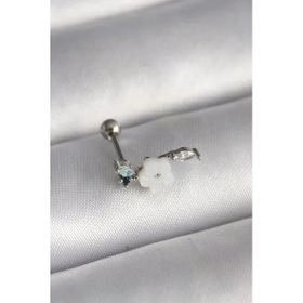 Çelik Gümüş Renk Zirkon Taş Detay Beyaz Çiçek Model Tragus Piercing