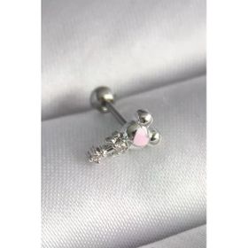 Çelik Gümüş Renk Zirkon Taş Detay Pembe İşleme Tragus Piercing