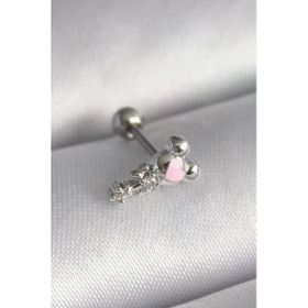 Çelik Gümüş Renk Zirkon Taş Detay Pembe İşleme Tragus Piercing