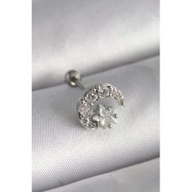 Çelik Gümüş Renk Zirkon Taşlı Ay Yıldız Tragus Piercing