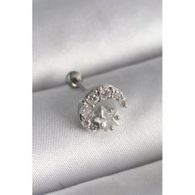 Çelik Gümüş Renk Zirkon Taşlı Ay Yıldız Tragus Piercing