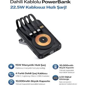 Çelikwork PW-122 10000 mAh 15W Kablosuz Kablolu LCD 22.5W Mikro Lightning Type-C Kablolu Siyah Powerbank