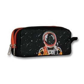 Cennec İki Bölmeli Erkek Çocuk Astronot Kalem Çantası - Siyah-Turuncu Kalemlik