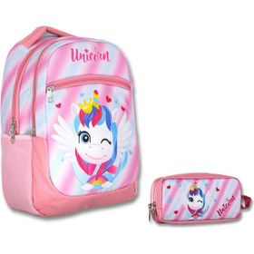 Cennec Pembe Sevimli Unicorn Ilkokul Sırt Çantası ve Kalemlik Seti - Kız Çocuk Okul Çantası