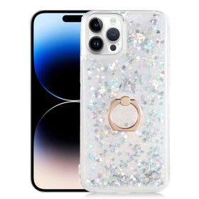 Ceponya Apple iPhone 14 Sıvılı Simli Pullu Yüzüklü Standlı Lüx Silikon Kılıf