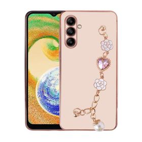 Ceponya Galaxy A13 5G Kalpli Çiçekli Bileklik Zincirli Kamera Korumalı Kenarları Gold Renk Silikon Kılıf