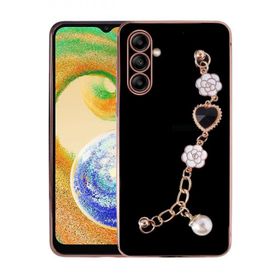 Ceponya Galaxy A13 5G Kalpli Çiçekli Bileklik Zincirli Kamera Korumalı Kenarları Gold Renk Silikon Kılıf