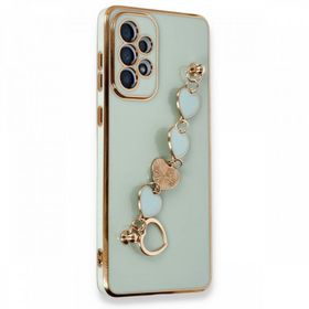 Ceponya Galaxy A23 Parlak Kalpli Bileklik Zincirli Kamera Korumalı Kenarları Gold Renk Kılıf
