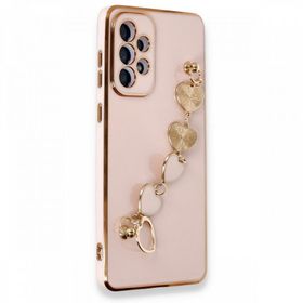 Ceponya Galaxy A23 Parlak Kalpli Bileklik Zincirli Kamera Korumalı Kenarları Gold Renk Kılıf