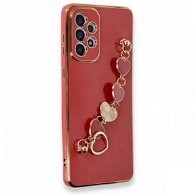 Ceponya Galaxy A23 Parlak Kalpli Bileklik Zincirli Kamera Korumalı Kenarları Gold Renk Kılıf