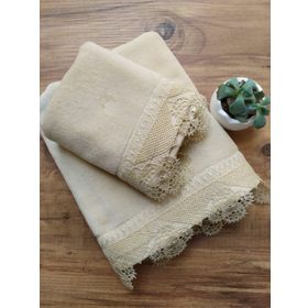 Çeyiz Bahçesi Osmanlı 2 Adet 30x50 ve 50x90 cm İğne Oyalı Cappuccino Kadife Havlu Takımı
