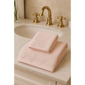 Çeyiz Bahçesi Osmanlı 2 Adet 30x50 ve 50x90 cm İğne Oyalı Pudra Kadife Havlu Takımı