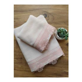 Çeyiz Bahçesi Osmanlı 2 Adet 30x50 ve 50x90 cm İğne Oyalı Pudra Kadife Havlu Takımı