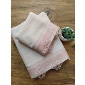 Çeyiz Bahçesi Osmanlı 2 Adet 30x50 ve 50x90 cm İğne Oyalı Pudra Kadife Havlu Takımı