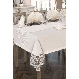 Çeyiz Diyarı Crown Linen Fransız Güpürlü 26 Parça Krem Masa Örtüsü Takımı