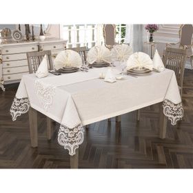 Çeyiz Diyarı Crown Linen Fransız Güpürlü 26 Parça Krem Masa Örtüsü Takımı