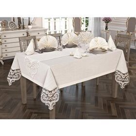 Çeyiz Diyarı Crown Linen Fransız Güpürlü 26 Parça Krem Masa Örtüsü Takımı