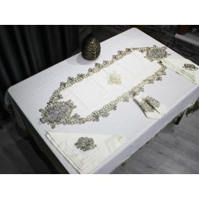 Çeyiz Diyarı Fransız Güpürlü Kelebek 26 Parça Krem Gold Masa Örtüsü Takımı