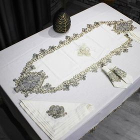 Çeyiz Diyarı Fransız Güpürlü Kelebek 26 Parça Krem Gold Masa Örtüsü Takımı
