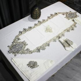 Çeyiz Diyarı Fransız Güpürlü Kelebek 26 Parça Krem Gold Masa Örtüsü Takımı