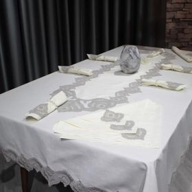Çeyiz Diyarı Kar Tanesi 26 Parça Krem-Gri Masa Örtüsü Takımı