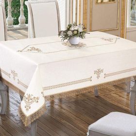 Çeyiz Diyarı Lale Baskılı Es Güpürlü Gold 160x220 cm Altın Large Masa Örtüsü