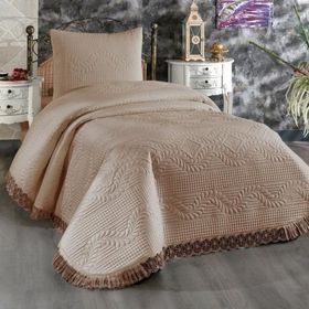 Çeyiz Diyarı Limena Dantelli Kapitoneli Açık Cappucino Tek Kişilik Yatak Örtüsü