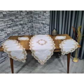 Çeyiz Diyarı Safir 5 Parça Krem Kahve Gold Keten Salon Masa Örtü Takımı