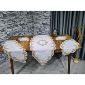 Çeyiz Diyarı Safir 5 Parça Krem Kahve Gold Keten Salon Masa Örtü Takımı