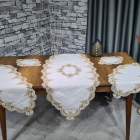 Çeyiz Diyarı Safir 5 Parça Krem Kahve Gold Keten Salon Masa Örtü Takımı