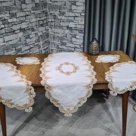 Çeyiz Diyarı Safir 5 Parça Krem Kahve Gold Keten Salon Masa Örtü Takımı