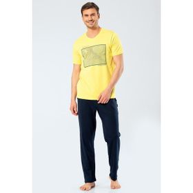 Ceyizalisverisi Sarı L Türen Erkek Baskılı V Yaka Pantolon Pijama Takım