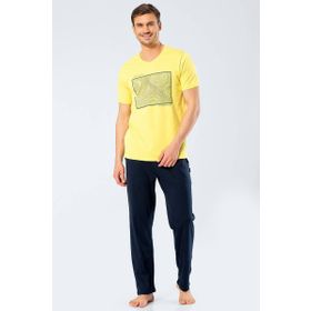 Ceyizalisverisi Sarı L Türen Erkek Baskılı V Yaka Pantolon Pijama Takım