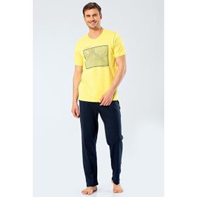 Ceyizalisverisi Sarı L Türen Erkek Baskılı V Yaka Pantolon Pijama Takım