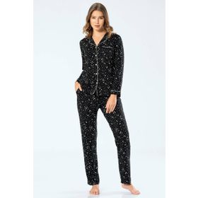 Ceyizalisverisi Siyah S Türen Kadın Yıldızlı Uzun Kollu Gömlek Yaka Pijama Takım