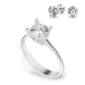 Chavin 1 Karat Zirkon Tektaş Gümüş Bayan Yüzük ve Küpe cs76