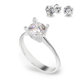 Chavin CS76-12 1 Karat Zirkon Tektaş Bayan Gümüş Yüzük ve Küpe