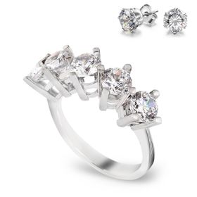 Chavin CS77-18 2.75 Karat Zirkon Beştaş Gümüş Yüzük ve Küpe