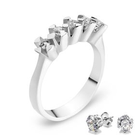 Chavin DH14-15 0.35 Karat 5 Taş Beştaş Gümüş Yüzük ve Küpe