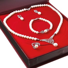 Chavin DS36 İnci Gümüş Küpe Bileklik Yüzük Takım Set Kolye