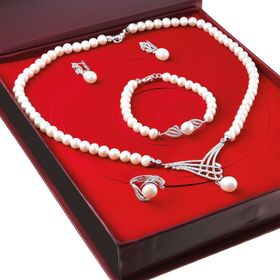 Chavin DS36 İnci Gümüş Küpe Bileklik Yüzük Takım Set Kolye