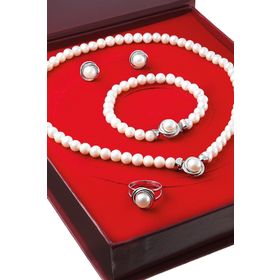 Chavin DS38 İnci Gümüş Küpe Bileklik Yüzük Takım Set Kolye