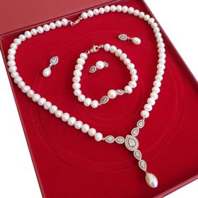 Chavin İnci Rose Gümüş Kolye Küpe Bileklik Yüzük Takım Set ei71rs