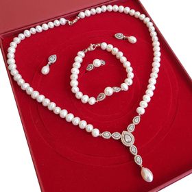 Chavin İnci Rose Gümüş Kolye Küpe Bileklik Yüzük Takım Set ei71rs