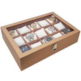 Chavin ST15-57 15'li Diamond Gold Deri Ahşap Camlı Saat Kutusu